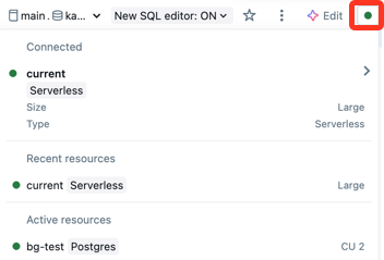 Compute selector drop-down showing the connected SQL warehouse, recent resources, and active resources, with the warehouse running status indicator highlighted.