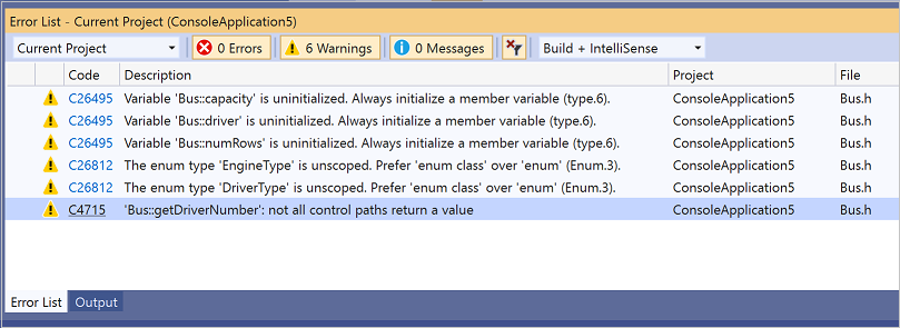 Code analysis warnings in Error List Screenshot of Code analysis warnings in Error List.