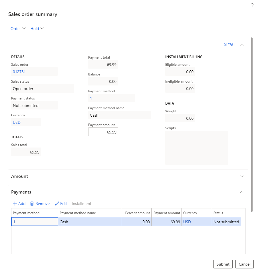 Screenshot of the Sales order summary dialog with the Payments button available for a POS or e-commerce order.