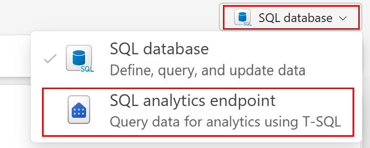 Skærmbillede fra Fabric-portalen, der viser rullelisten for forespørgselseditoren, der indeholder indstillingerne for SQL-databasen og SQL Analytics-slutpunktet.