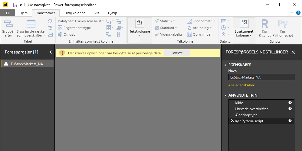 Skærmbillede af Power Query Editor-panelet, der viser advarslen om databeskyttelse.