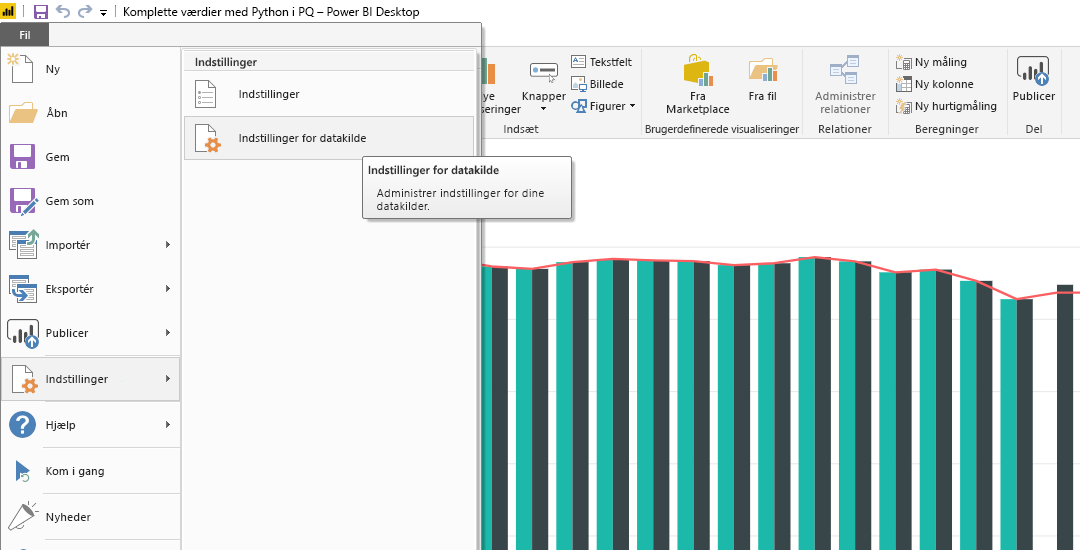 Skærmbillede af filmenuen i Power BI Desktop, der viser valg af datakildeindstillinger.