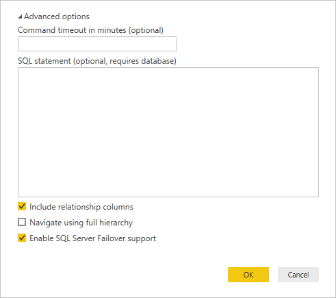 Skærmbillede af avancerede SQL Server-indstillinger.