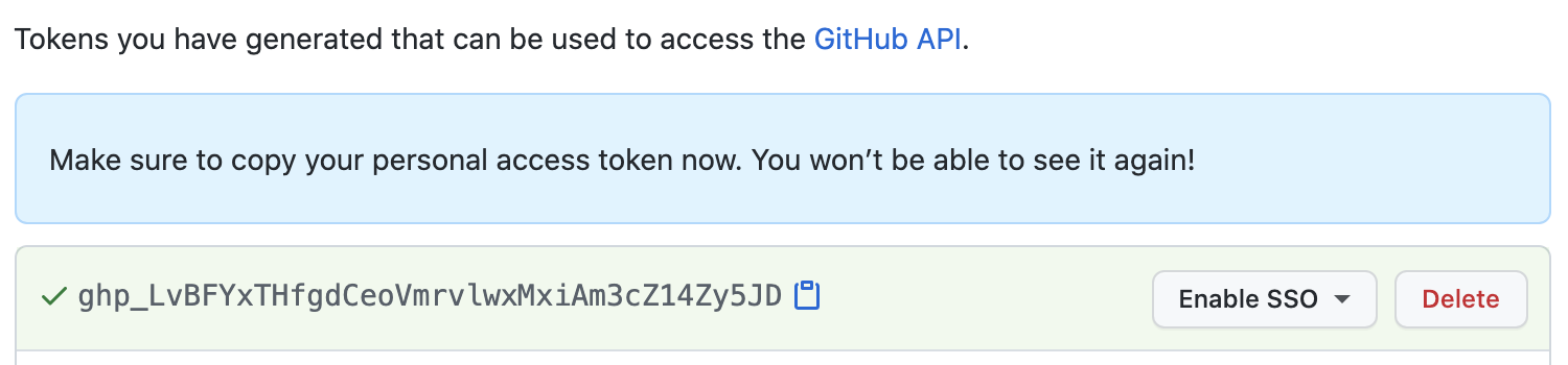 Skærmbillede med et eksempel på et personligt GitHub-adgangstoken.