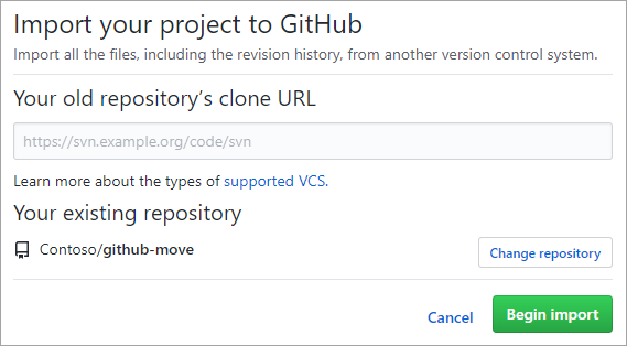 Skærmbillede af GitHub Migrator-værktøjet.