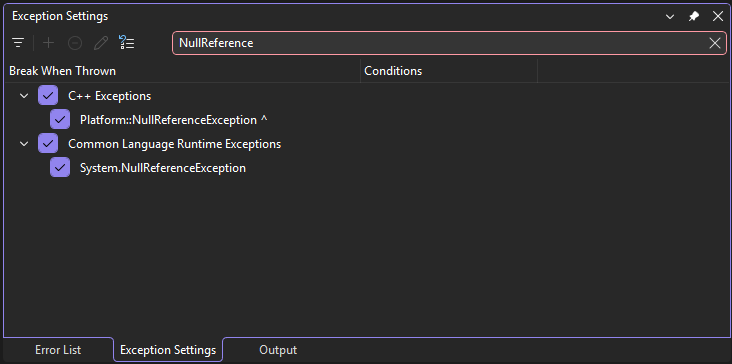 Screenshot that shows the Exception Settings dialog box.