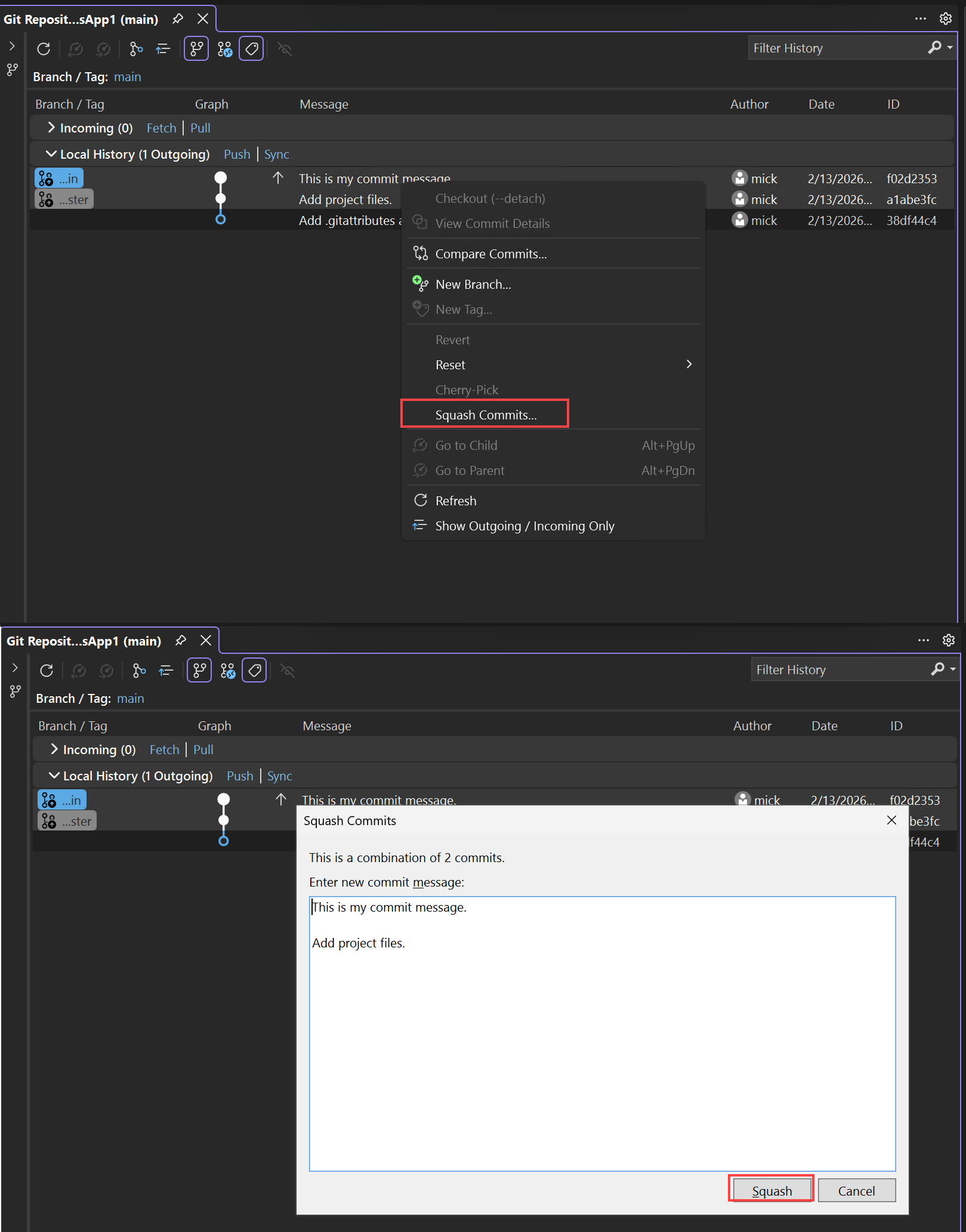 Screenshot of squashing commits in Visual Studio.
