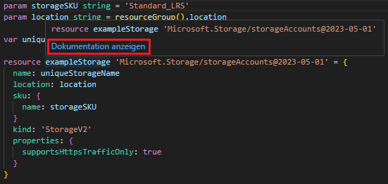 Screenshot der Option Dokumentation anzeigen in Visual Studio Code.