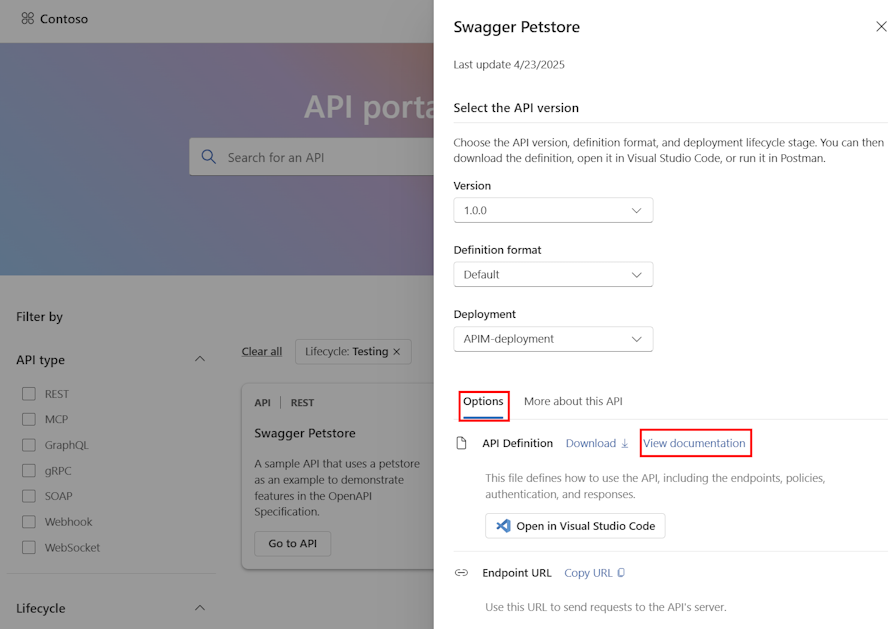 Screenshot der API-Details im API Center-Portal.
