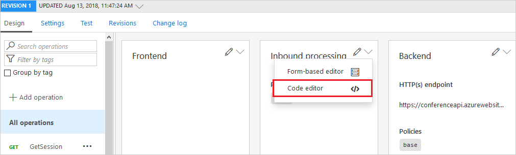 Ein Screenshot, der den API-Code-Editor auf der Registerkarte 