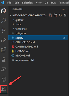 Screenshot: Symbol für Azure-Tools auf der linken Symbolleiste von VS&nbsp;Code.