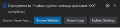 Screenshot: Bestätigungsdialogfeld nach der Bereitstellung des App-Codes in Azure.