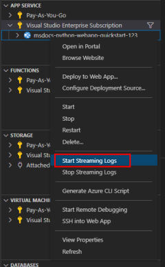 Screenshot: Starten des Streamens von Protokollen mit der VS&nbsp;Code-Erweiterung.