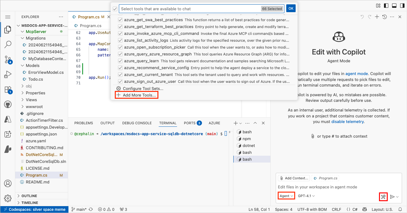 Screenshot, der zeigt, wie Sie einen MCP-Server im GitHub Copilot Chat-Agent-Modus hinzufügen.