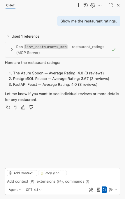 Ein Screenshot, der die Antwort des MCP-Toolaufrufs im GitHub Copilot Chat-Fenster zeigt.