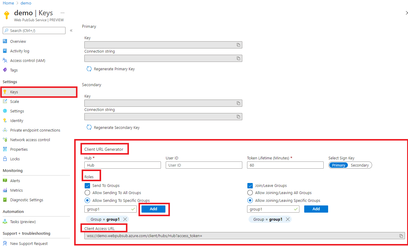 Screenshot des Abrufs der Clientzugriffs-URL im Azure-Portal