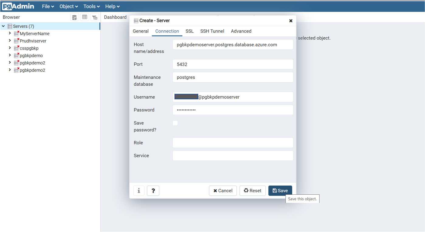 Screenshot der Optionen zum Erstellen eines neuen Servers mithilfe des P G-Verwaltungstools.
