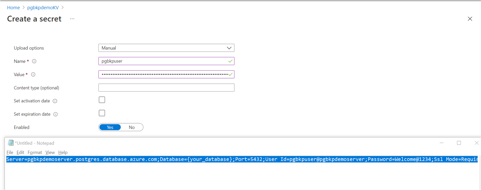 Screenshot, der den Bereich zum Erstellen eines Geheimnisses und einer Notepad-Datei zeigt, die eine Verbindungszeichenfolge enthält.