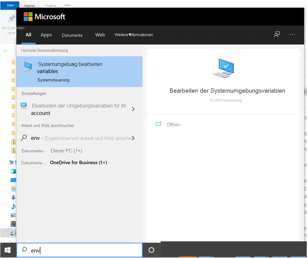 Screenshot, der eine Suche nach dem Systemsteuerungselement zeigt, um Systemumgebungsvariablen zu bearbeiten.