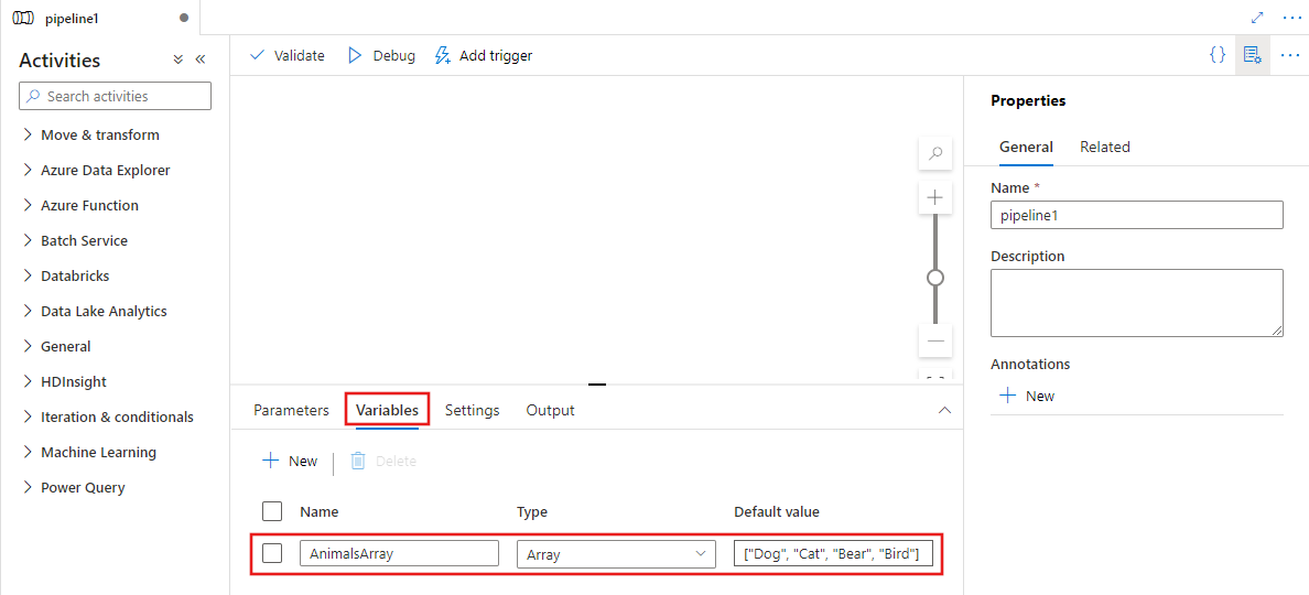 Darstellung einer leeren Pipelinecanvas mit hinzugefügter Arraytypvariable für die Pipeline.