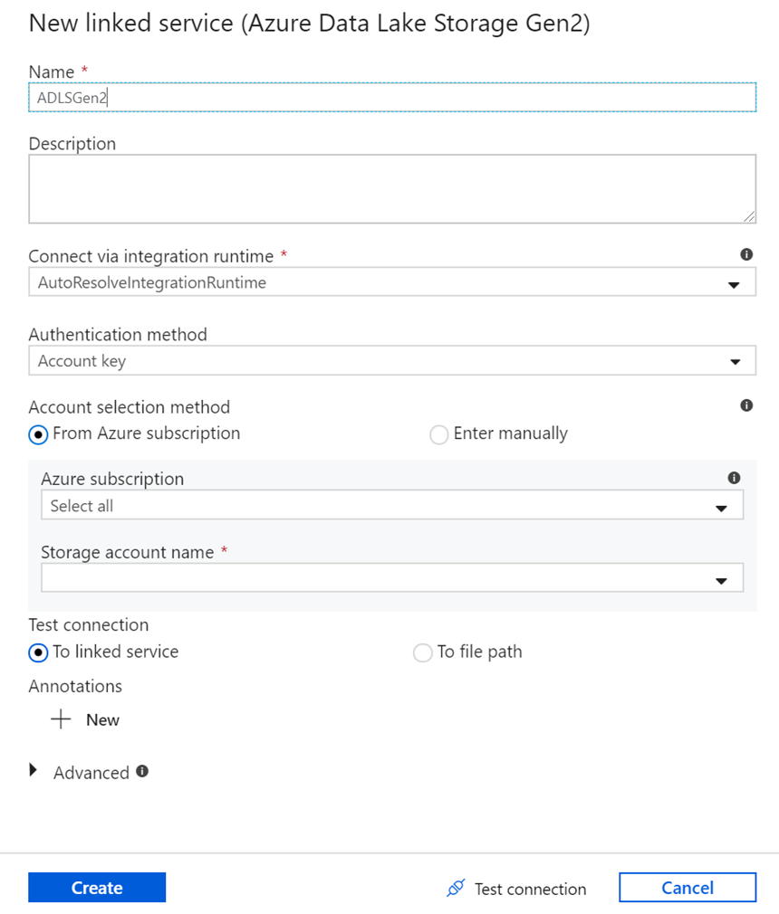Screenshot des Bereichs zum Erstellen eines neuen verknüpften Diensts für Azure Data Lake Storage.