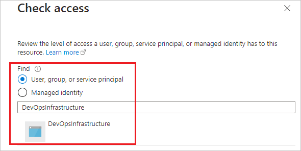Screenshot, der zeigt, wie Der AzureDevOpsInfrastructure-Prinzipal ausgewählt wird.
