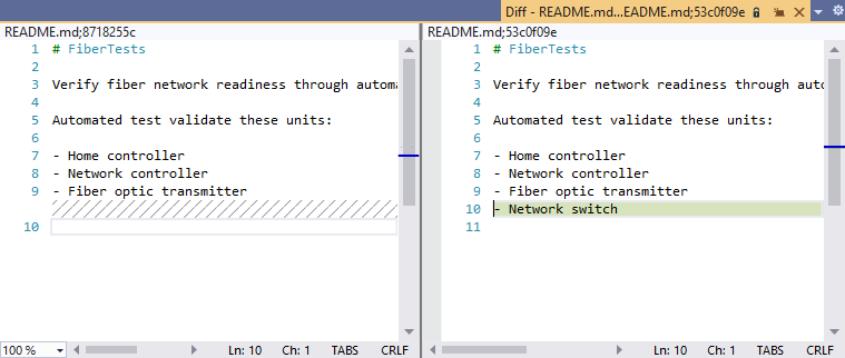 Screenshot eines Datei-Diff-Fensters in Visual Studio 2019.