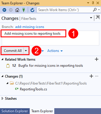Screenshot der Commit-Nachricht und der Schaltfläche „Alles committen“ in Visual Studio 2019.
