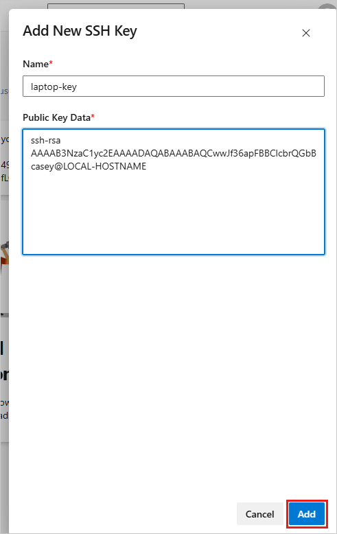 Screenshot mit der Konfiguration eines öffentlichen Schlüssels in Azure DevOps.