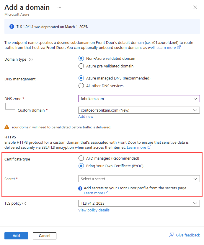 Screenshot des Bereichs „Benutzerdefinierte Domäne hinzufügen“ mit HTTPS.