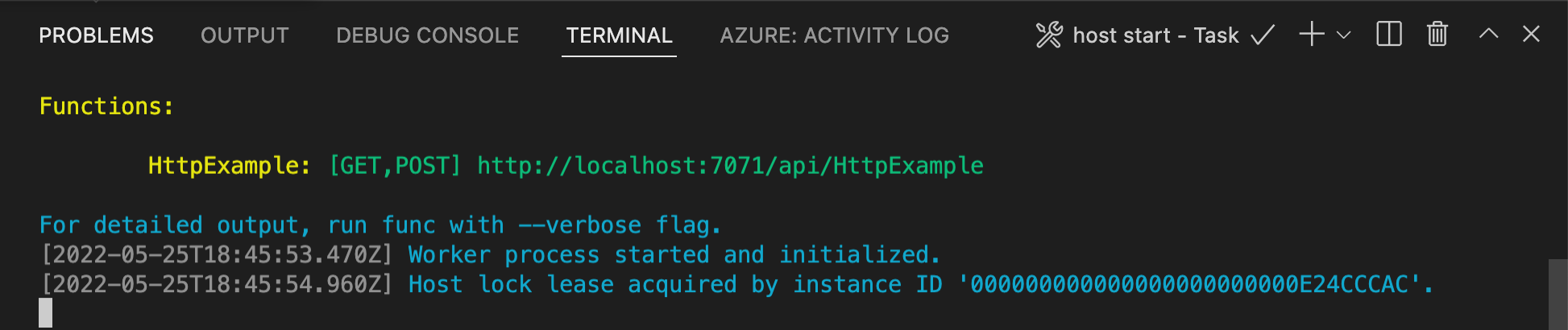 Screenshot der VS&nbsp;Code-Ausgabe der lokalen Funktion.