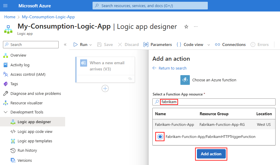 Ein Screenshot zeigt den Consumption Workflow Designer mit einer ausgewählten App und Funktion.