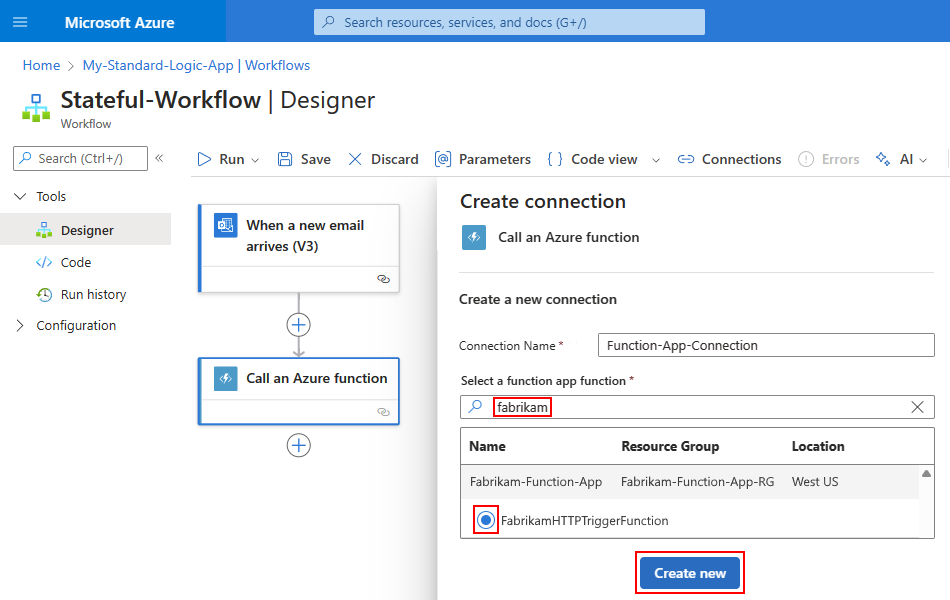 Screenshot des Standardworkflow-Designers mit ausgewählter Funktionsapp und -Funktion.