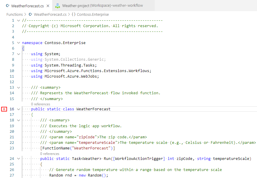 Screenshot der geöffneten Funktionscodedatei mit einem Haltepunktsatz für eine Zeile im Code.