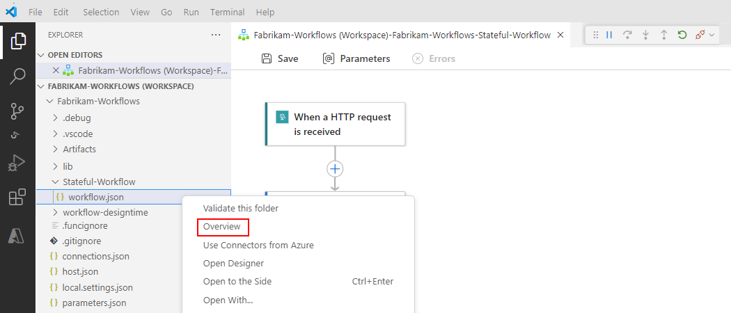 Screenshot der Explorer-Ansicht mit dem Kontextmenü der workflow.json-Datei und der ausgewählten Option 