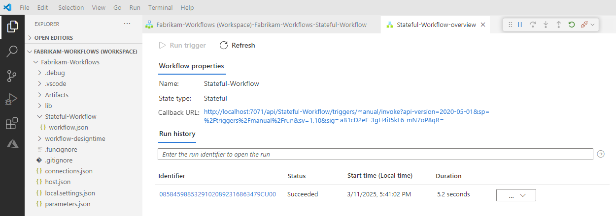 Screenshot der Übersichtsseite des Workflows mit Ausführungsstatus und Verlauf.