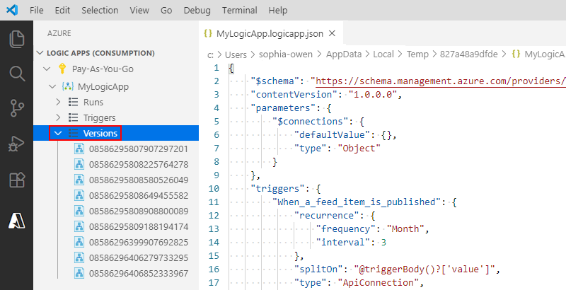 Screenshot, der Visual Studio Code und die früheren Versionen einer Logik-App zeigt.