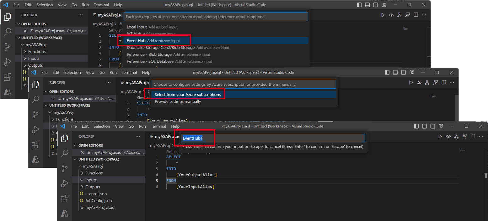 Screenshot der VS Code-Erweiterung, die eine Reihe von Schritten für die Event Hub-Eingabekonfiguration zeigt.