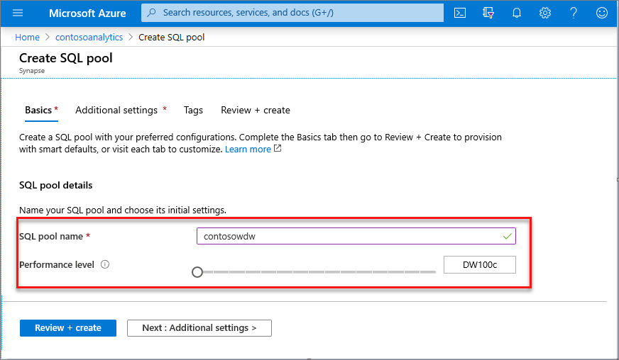 Dedizierter SQL-Pool-Erstellungsfluss – Registerkarte 