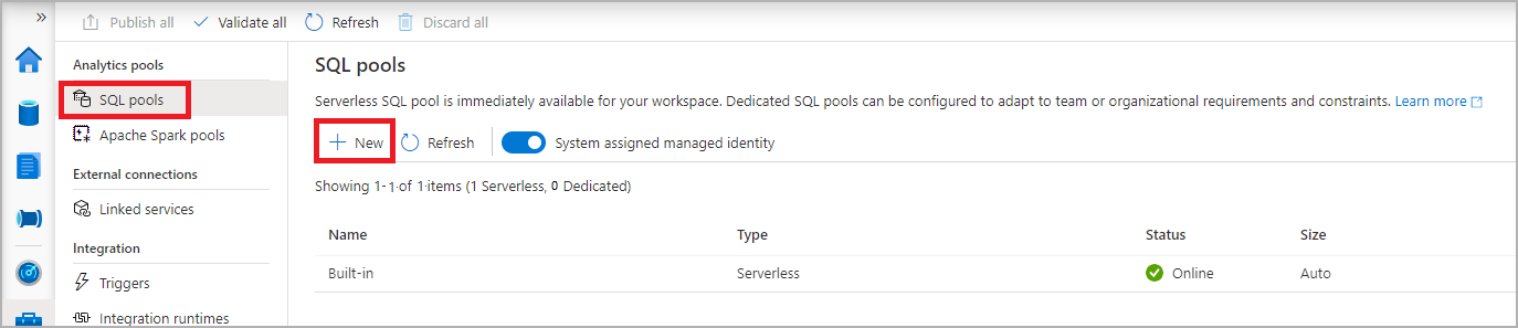 Eine Bildschirmaufnahme der Listendarstellung von SQL-Pools im Synapse Studio Management Hub.
