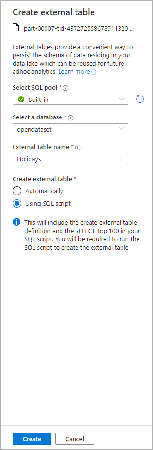 Screenshot des Azure Synapse Analytics-Dialogfelds zum Erstellen externer Tabellen im Azure-Portal