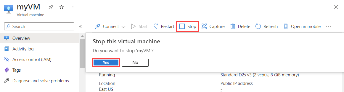 Screenshot: Beenden einer VM im Azure-Portal