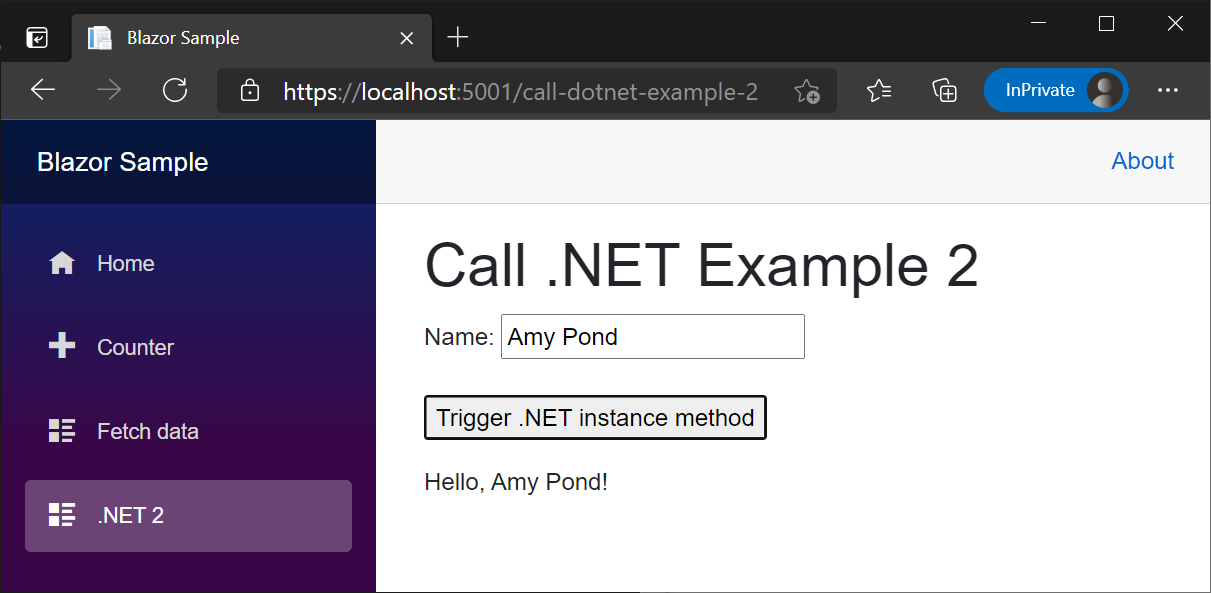 Gerenderte CallDotNetExample4-Komponente – Beispiel