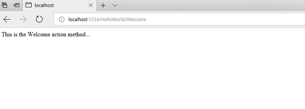Screenshot der Registerkarte des lokalen Hosts mit dem Text Dies ist die Willkommens-Aktionsmethode im Fenster.