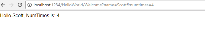 Screenshot eines Browserfensters mit der URL localhost Doppelpunkt 1234 Schrägstrich Hello World Schrägstrich Welcome Fragezeichen name gleich Scott und numTimes gleich 4. Der Text im Fenster lautet Hello Scott, Num Times ist 4.