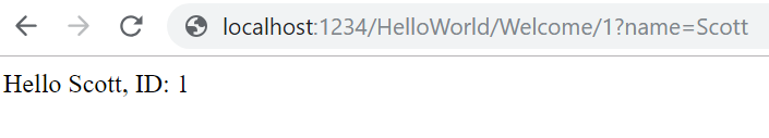 Screenshot eines Browserfensters mit dem lokalen U R L-Hostkolon 1 2 3 4 Schrägstrich Hello World Schrägstrich Willkommen Schrägstrich 1 Fragezeichenname entspricht Scott. Der Text im Fenster lautet Hello Scott ID 1.