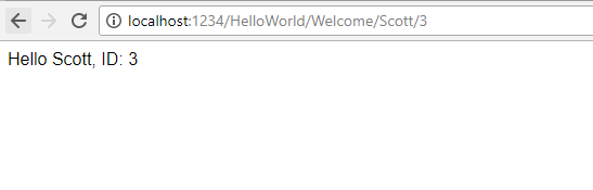 Screenshot eines Browserfensters mit dem lokalen U R L-Hostpunkt 1 2 3 4 Schrägstrich Hello World Schrägstrich Willkommen Schrägstrich Scott Schrägstrich Scott Schrägstrich 3. Der Text im Fenster lautet Hello Scott ID 3.