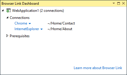 Screenshot des Browserlink-Dashboards mit verbundenen Browsern und der URL, zu der jeder Browser navigiert hat, angezeigt.