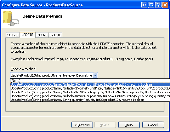 Setzen Sie die Aktualisierungs-Tab Drop-Down Liste zur entsprechenden UpdateProduct-Variante