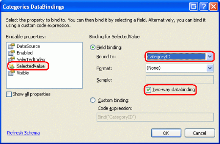 Binden der CategoryID an die SelectedValue-Eigenschaft von DropDownList mithilfe von Two-Way Databinding